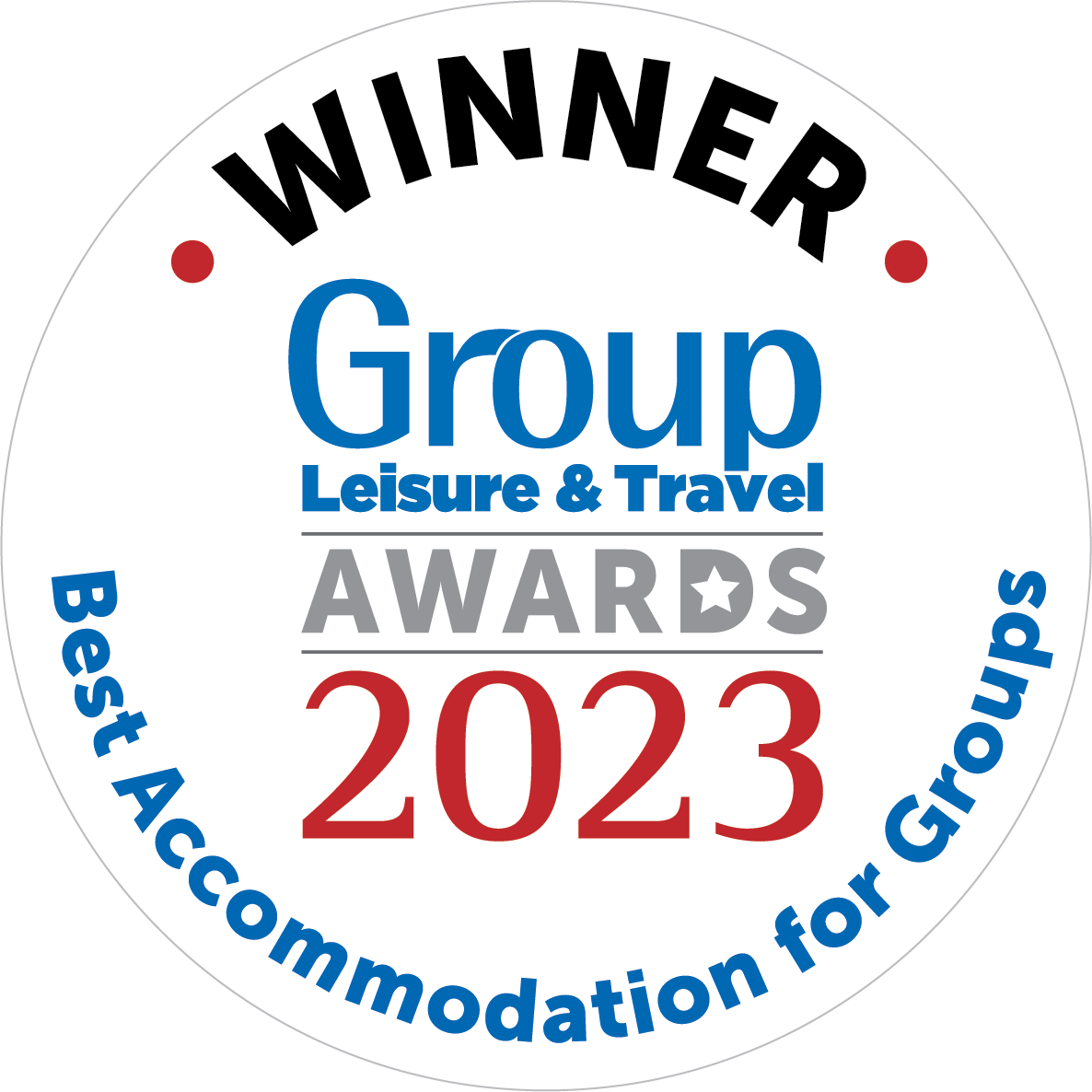 Group, Leisure & Travel Awards 2023 winner of Best Accommodation for Groups logo