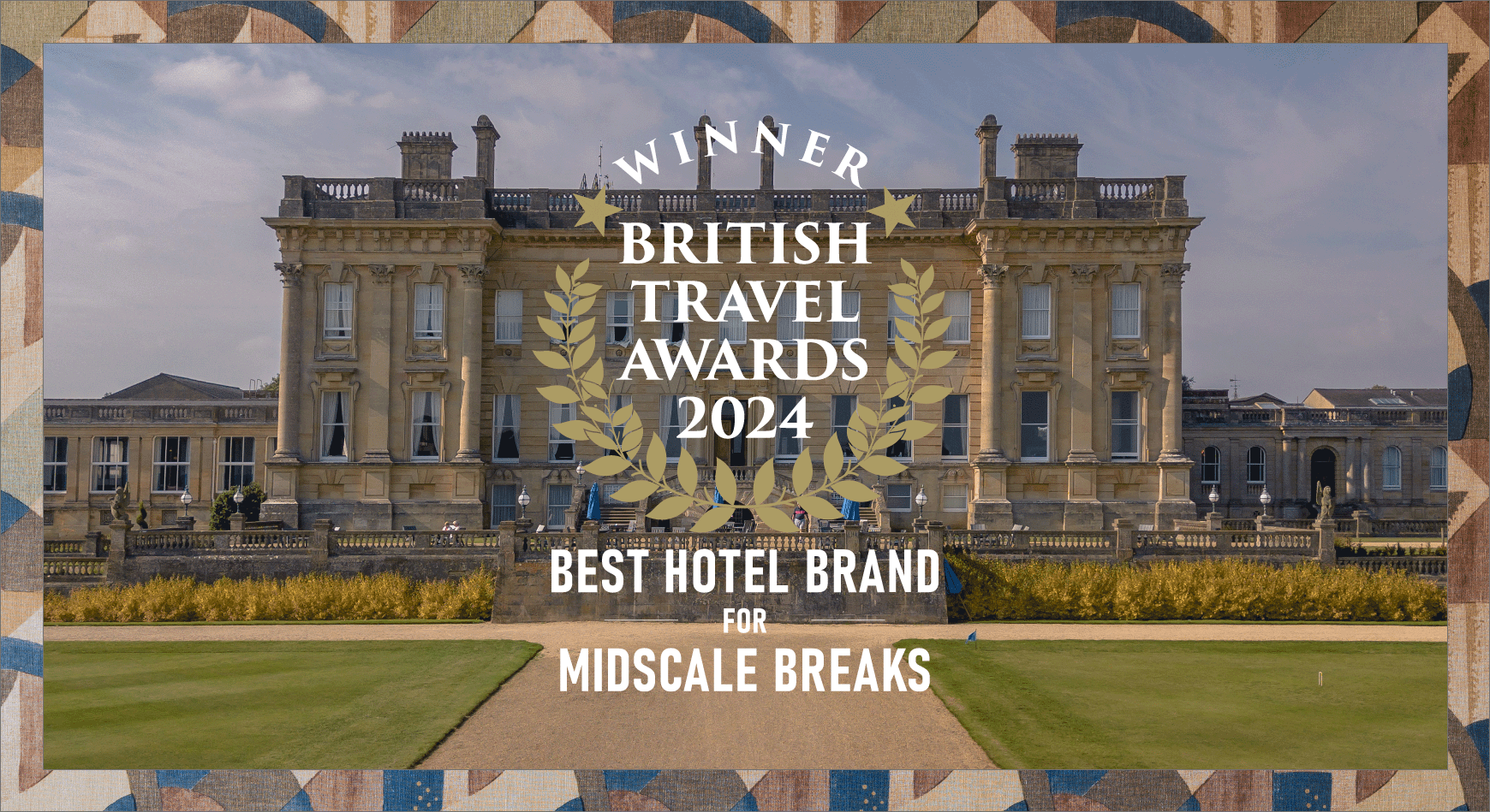 British Travel Award Best Hotel for Midscale Breaks award logo over a photo of Heythrop Park Hotel