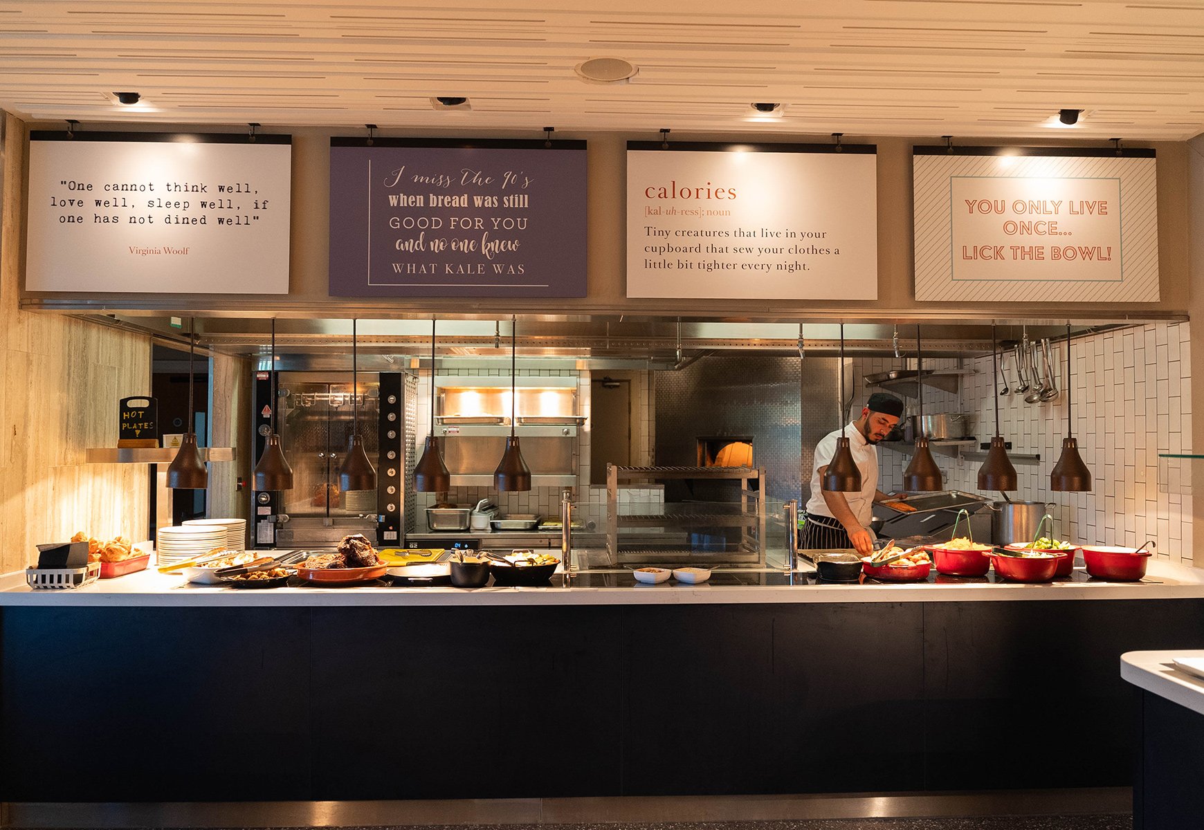 Render of the Market Kitchen hot buffet counter at The Runnymede on Thames Hotel